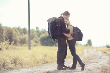 Traveling with a backpack on foot