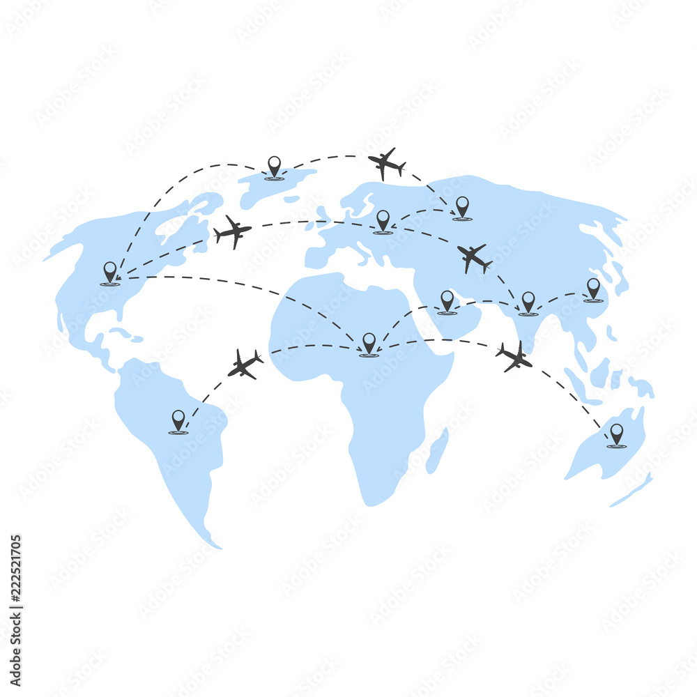 Wall mural vector illustration of air travels around the world. abstract depiction of continents and geolocatio