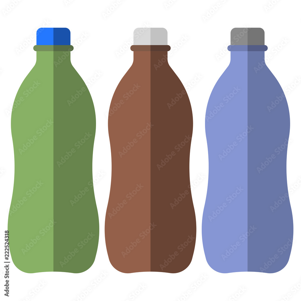 Wall mural three plastic bottles of different colors for different drinks. a flat vector image on a white backg