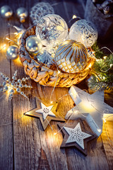Christmas decoration for tree New year greeting card at old