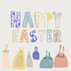 vector card with colorful handdrawn bunnies . happy easter