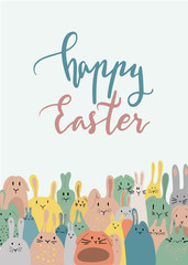 vector card with colorful handdrawn bunnies . happy easter