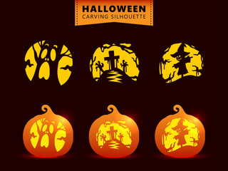 Set of silhouette pumpkin carving character template. spooky tree, graveyard zombie, scarecrow