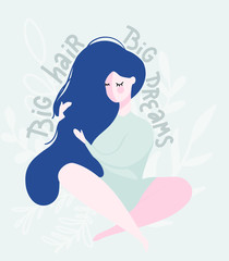 flat vector illustration of blue-haired woman with lettering- big hair big dreams