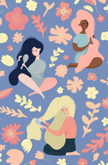 Obraz na płótnie Canvas flat vector illustration of three girls combing their hair, poster with flowers