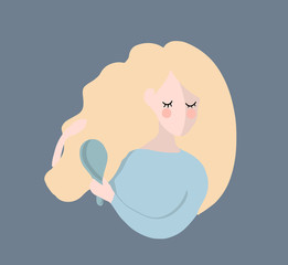 flat vector illustration of blonde girl combing her hair