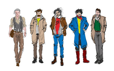 Fototapeta premium Fashion man. Set of fashiona mens sketches on a white background. Autumn men.