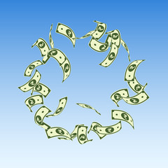 Indian rupee notes falling. Floating INR bills on blue sky background. India money. Captivating vect