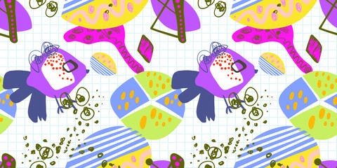 modern trendy seamless pattern, abstract bright elements on grid