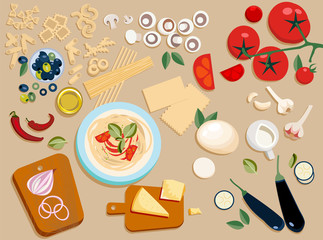 Flat pasta ingredients set entire and cut into pieces: olives,mushrooms, tomato,Parmesan, mozzarella, chilli, oil,eggplant, Garlic, onion, cream,all kinds of pasta. Plate with ready-made pasta. Vector