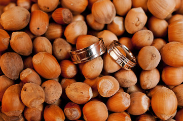 Beautiful rings on the background of nuts