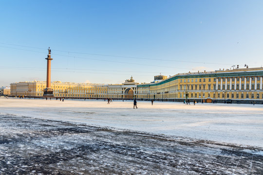 View of General Staff Building and Palace square in winter. Saint Petersburg, Russia