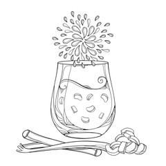 Vector outline transparency glass of Rhubarb or Rheum lemonade in black isolated on white background. Contour cut and whole stalk pieces of Rhubarb for fresh food design or coloring book.