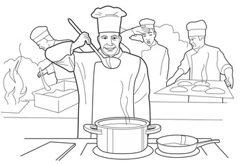 Chef tries soup. Cooking process with figures at the table in restaurant