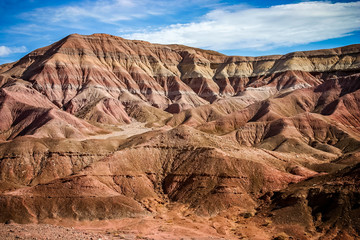 Colourful geological strata in mountain range in the Badlands of South Dakota, USA