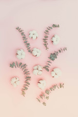 Cotton flowers with eucaliptus floral top view pattern on pink background, retro toned