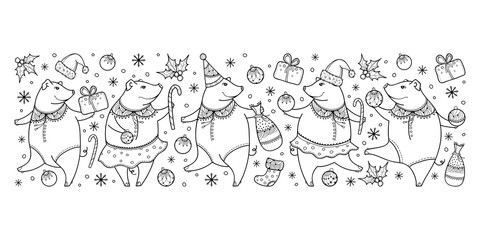 Vector horizontal border of outline black funny pig isolated on white background. Symbol of Chinese New Year 2019 in contour. Ornate pigs and winter decoration for holiday design or coloring book.