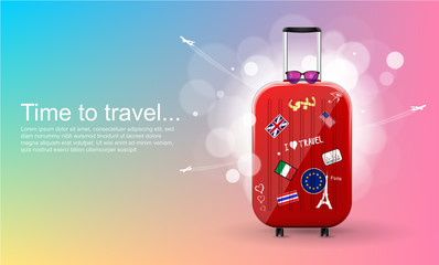 Plastic travel bag with different travel souvenirs. Time to travel. Traveling banner template. Vector Illustration.