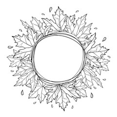 Vector round frame of bunch with outline Acer or Maple ornate leaf in black isolated on white background. Composition with foliage of Maple tree in contour style for autumn design or coloring book.