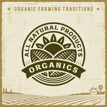 Vintage All Natural Products Organics Label. Editable EPS10 vector illustration with clipping mask and transparency in retro woodcut style.