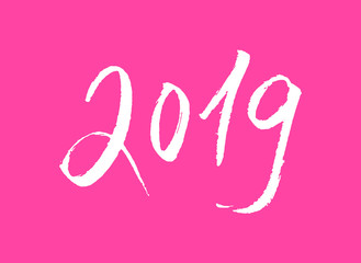 2019 Pink Color Numbers with Hand drawn Lettering. Isolated Symbol or Sign with Brushlettering Scribbles. Use for Laser Cut and Christmas Gift Banner Design. Vector Concept