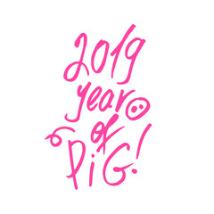 Naklejka na ściany i meble Cute Pig Snout in Pink Color with New Year Lettering. 2019 Year of Pig. Isolated Swine Astrology Symbol with Bright Letters. Use for Laser Cutting and Christmas Gift Design. Vector Concept