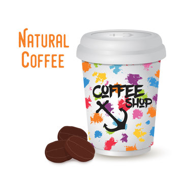 5078518 Vector coffee cup with beans, roasted seeds. Hot drink in cartoon flat style