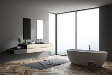 Fototapeta na wymiar Gray large bathroom corner, tub and double sink