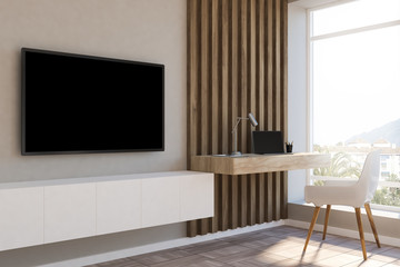 White and wood loft home office, black tv screen