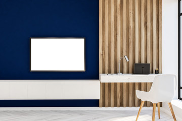 Blue and wood home office, mockup tv screen