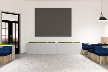 Blue sofa cafe interior, flower beds and poster