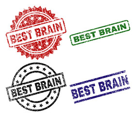 BEST BRAIN seal prints with damaged surface. Black, green,red,blue vector rubber prints of BEST BRAIN label with dust surface. Rubber seals with round, rectangle, medal shapes.