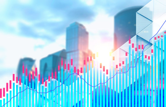 Forex diagram over blurred cityscape, stock market