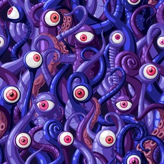 Бесшовный векторный узор из мультяшных глаз и щупалец монстров с лиловой и синей кожей и розовыми глазами. Векторная иллюстрация.