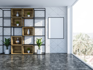 White living room interior with bookcase, poster