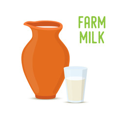 6435332 Vector farm milk in clay pottery jar, glass cup
