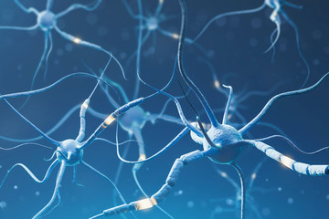 Blue neurons with glowing fragments over blue