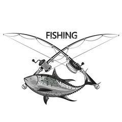Tuna and fishing rod silhouette symbol for fishing