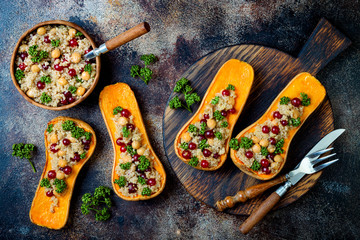Stuffed butternut squash with chickpeas, cranberries, quinoa cooked in nutmeg, cloves, cinnamon....
