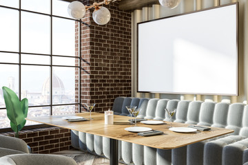 Brick wall gray sofas armchairs cafe, poster