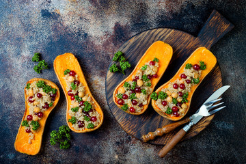 Stuffed butternut squash with chickpeas, cranberries, quinoa cooked in nutmeg, cloves, cinnamon....