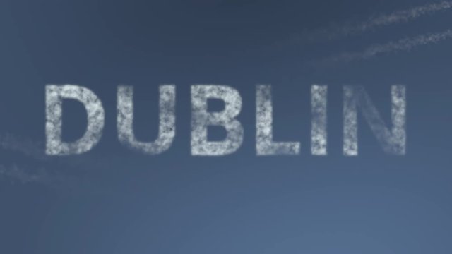 Flying airplanes reveal Dublin caption. Traveling to Ireland conceptual intro animation