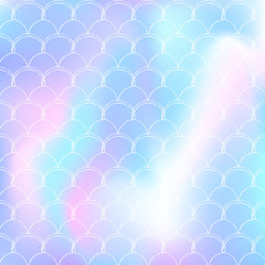 Holographic mermaid background with gradient scales. Bright color transitions. Fish tail banner and invitation. Underwater and sea pattern for party. Vibrant backdrop with holographic mermaid.