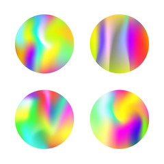 Gradient mesh abstract backgrounds set. Futuristic holographic backdrop with gradient mesh. 90s, 80s retro style. Pearlescent graphic template for brochure, flyer, poster, wallpaper, mobile screen.
