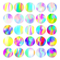 Holographic abstract backgrounds set. Minimal holographic backdrop with gradient mesh. 90s, 80s retro style. Pearlescent graphic template for banner, flyer, cover, mobile interface, web app.