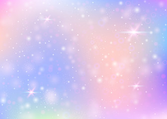 Naklejka na ściany i meble Holographic background with rainbow mesh. Colorful universe banner in princess colors. Fantasy gradient backdrop with hologram. Holographic magic background with fairy sparkles, stars and blurs.