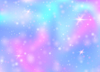 Holographic background with rainbow mesh. Trendy universe banner in princess colors. Fantasy gradient backdrop with hologram. Holographic magic background with fairy sparkles, stars and blurs.