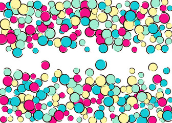 Comic background with pop art polka dot confetti. Big colored spots, spirals and circles on white. Vector illustration. Bright kids splatter for birthday party. Rainbow comic background.