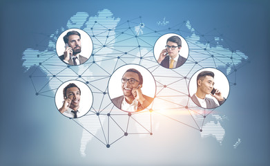 Businessmen on phone over world map, connnection
