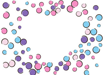 Heart dots frame with pop art confetti background. Big colored spots, spirals and circles on white. Vector illustration. Vibrant kids splatter for birthday party. Rainbow heart dots frame.
